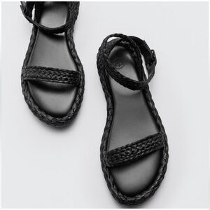 Massimo Dutti Raffia Strappy Sandals black leather size 39